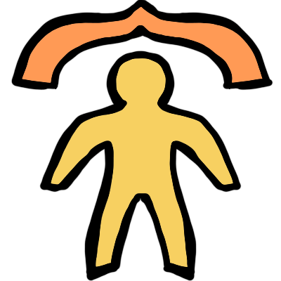 A yellow bipedal, two-armed figure with an orange open curly bracket above them.